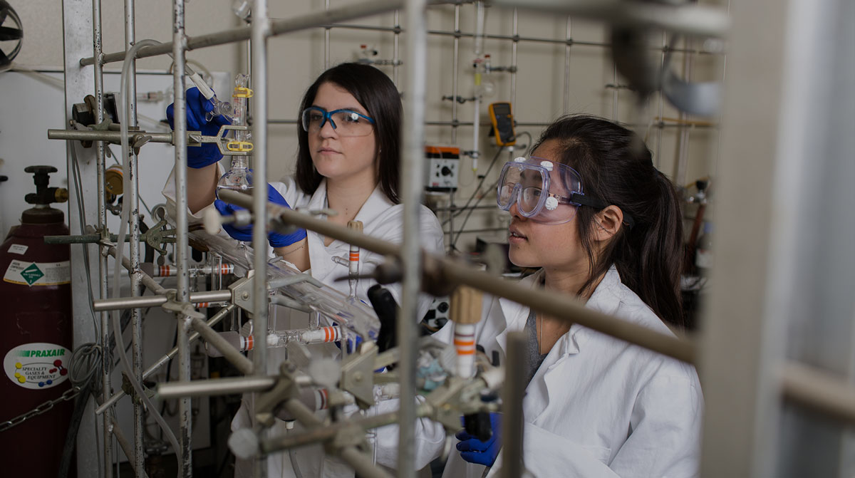 Grace Chong and Cecilia Eiroa working in the Chemistry lab