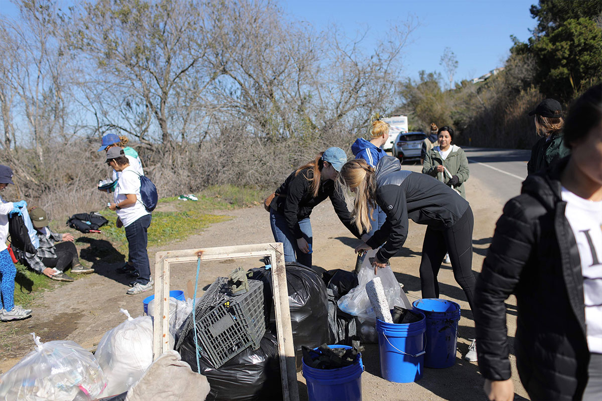 Volunteers gathering trash
