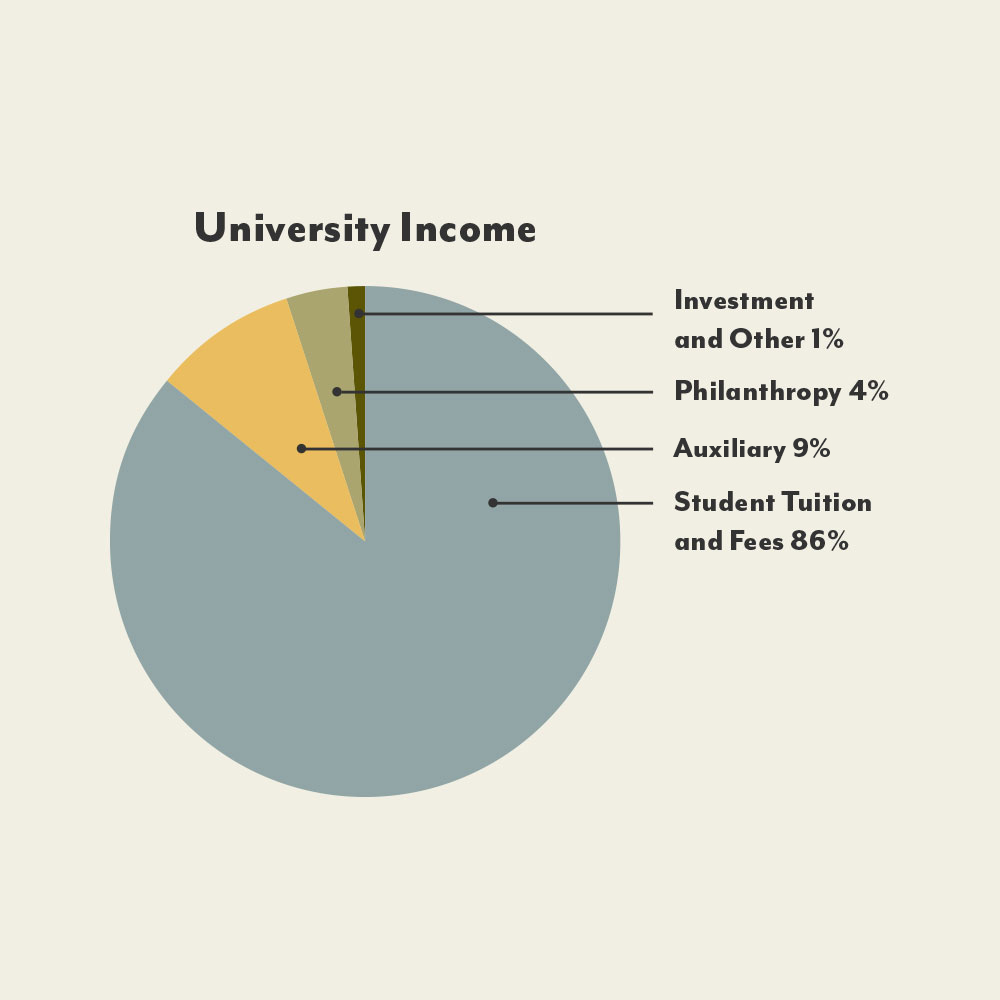University Income: Investment and Other 1%, Philanthropy 4%, Auxiliary 9%, Student Tuition and Fees 86%