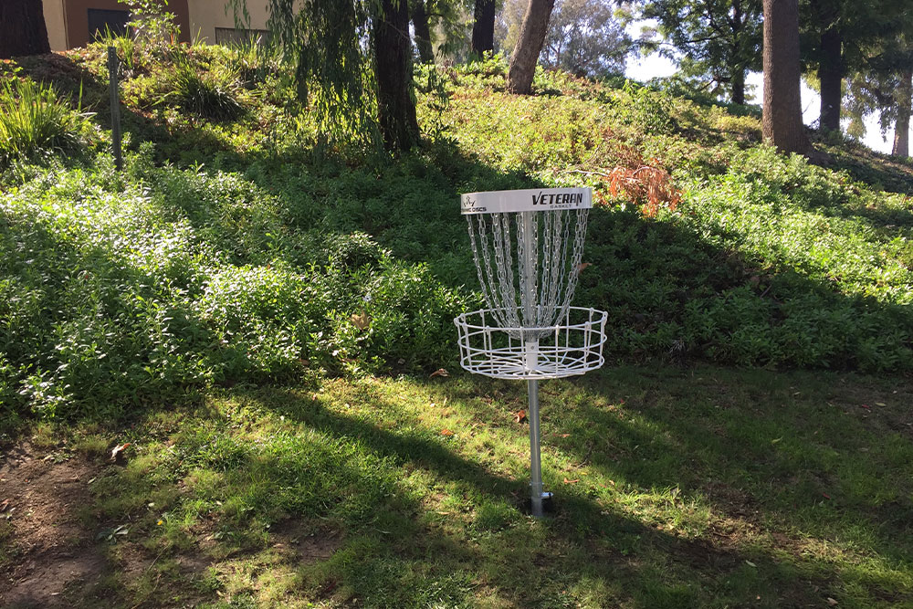 Disc golf basket on campus