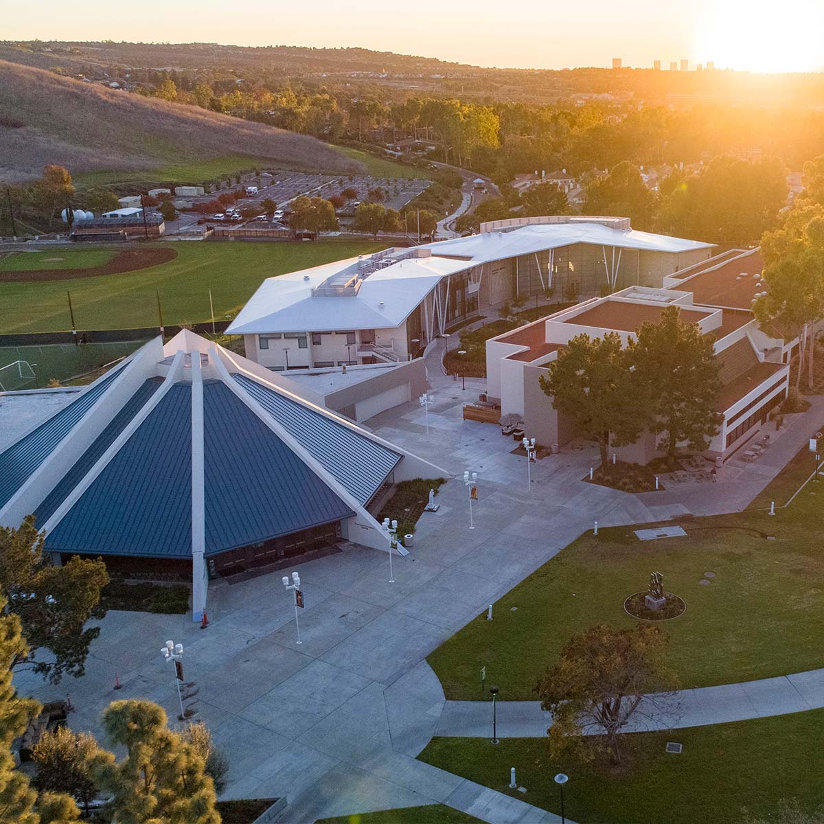 Aerial campus photo of CU Center and Borland-Manske Center