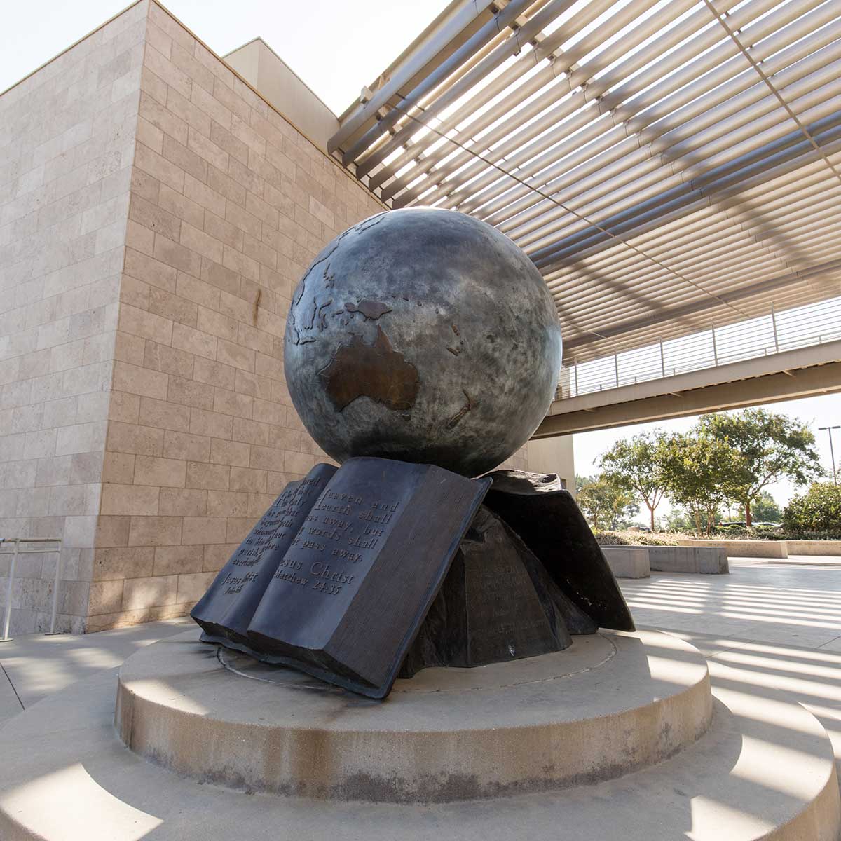 The globe in front of the Grimm Hall building