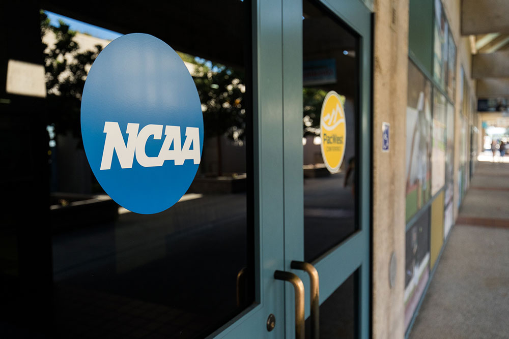 Double doors lead to the upper floor of the CU Arena.