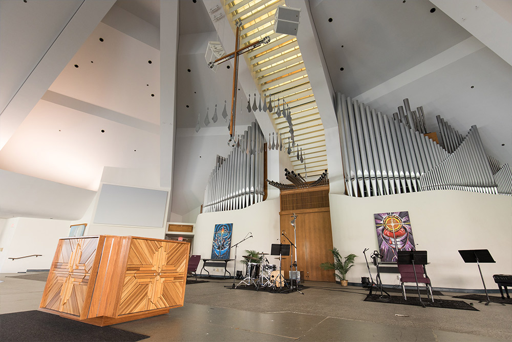 The organ pipes and stage of the CU Center