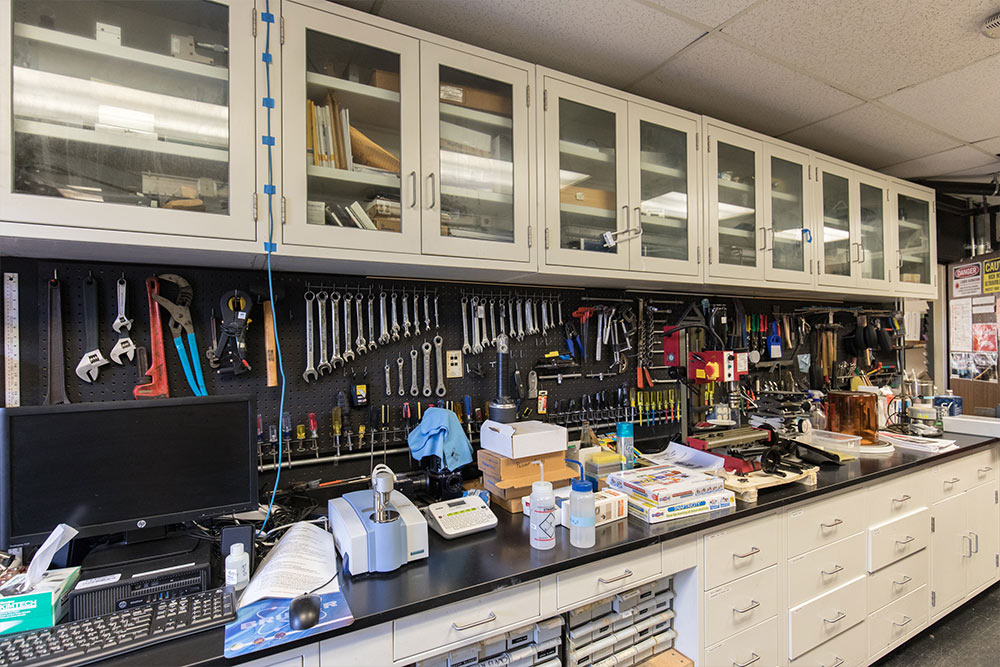 A pegboard displays an array of tools in a science lab at Concordia.
