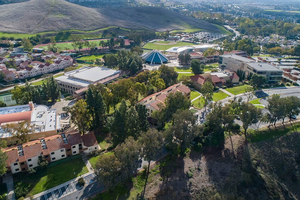 An aerial view of French Hill and the Concordia University Irvine campus 