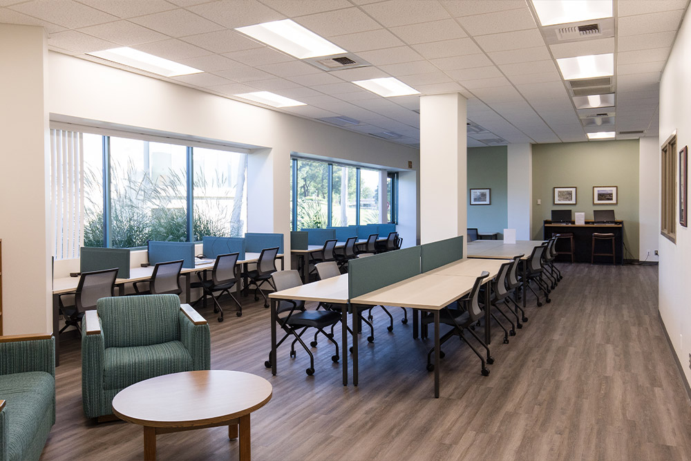 Research and study desks on the upper floor of the main library