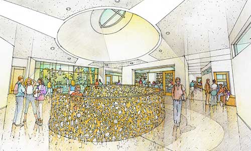 Drawing of the new music, workshop, and theology building