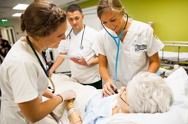 Nursing students studying with a manikin patient patient