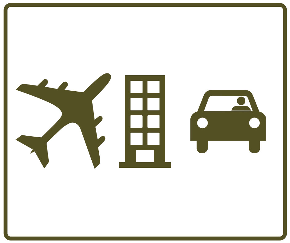 airplane, hotel, and car logos