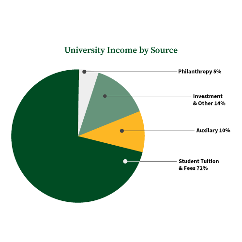 University Income: Investment and Other 14%, Philanthropy 7%, Auxiliary 10%, Student Tuition and Fees 72%