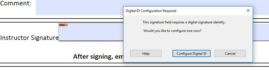 Screen capture of the popup dialog box that says that a 'Digital ID Configuration Required'