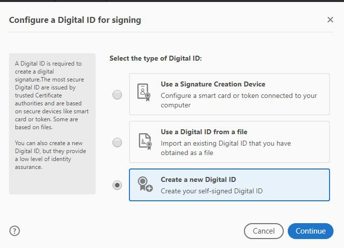 Screen capture of the screen that allows a user to 'Configure a Digital ID for signing'