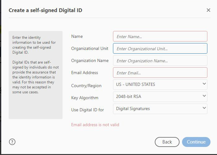 Screen capture of the screen that allows the user to 'Create a self-signed Digital Id'