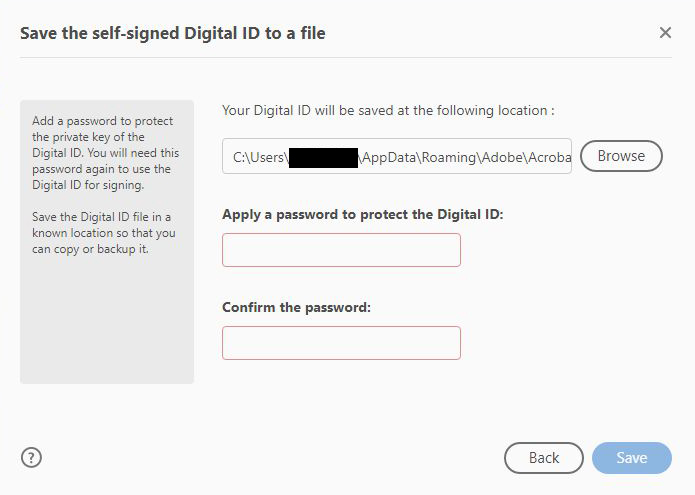 Screen capture of the screen that allows the user to 'Save the self-signed Digital ID to a file'