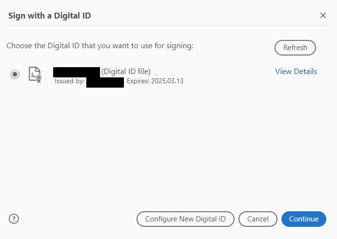 Screen capture of the screen that allows the user to 'Sign with a Digital ID'