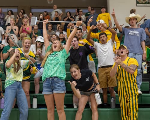 A group of students cheering at a sports game