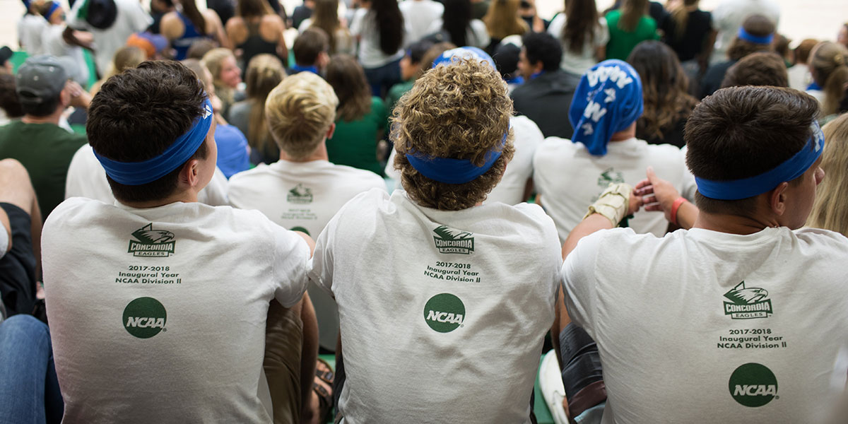 CUI students watching a game in their NCAA D2 shirts