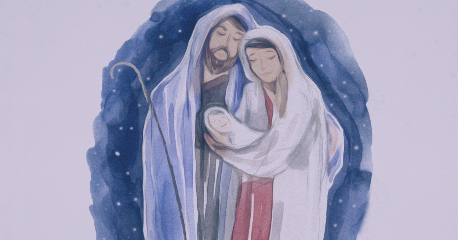 Baby Jesus with his mother, Mary, and father, Joseph