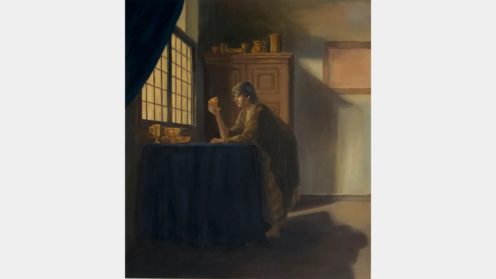 A painting of a man sitting at a table