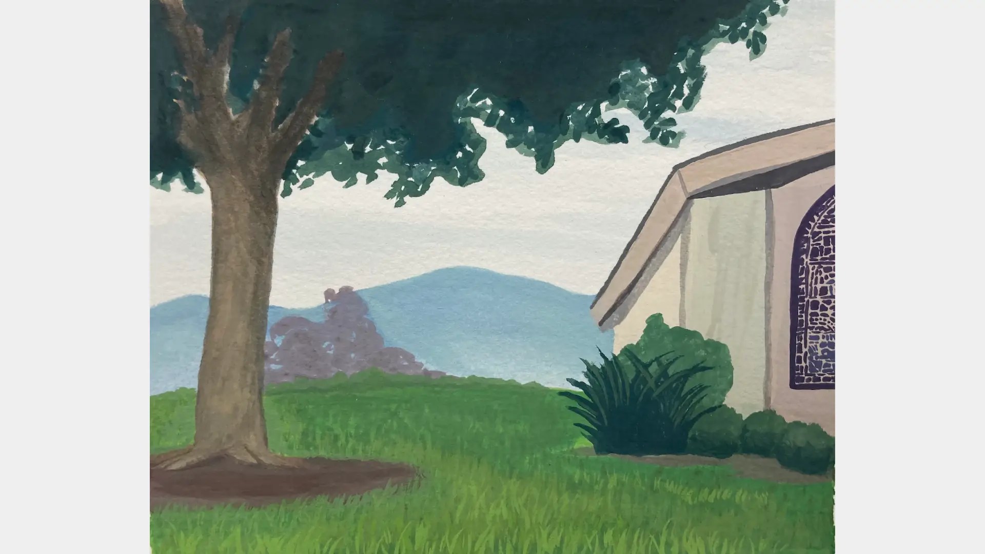 A painting of a house and a tree