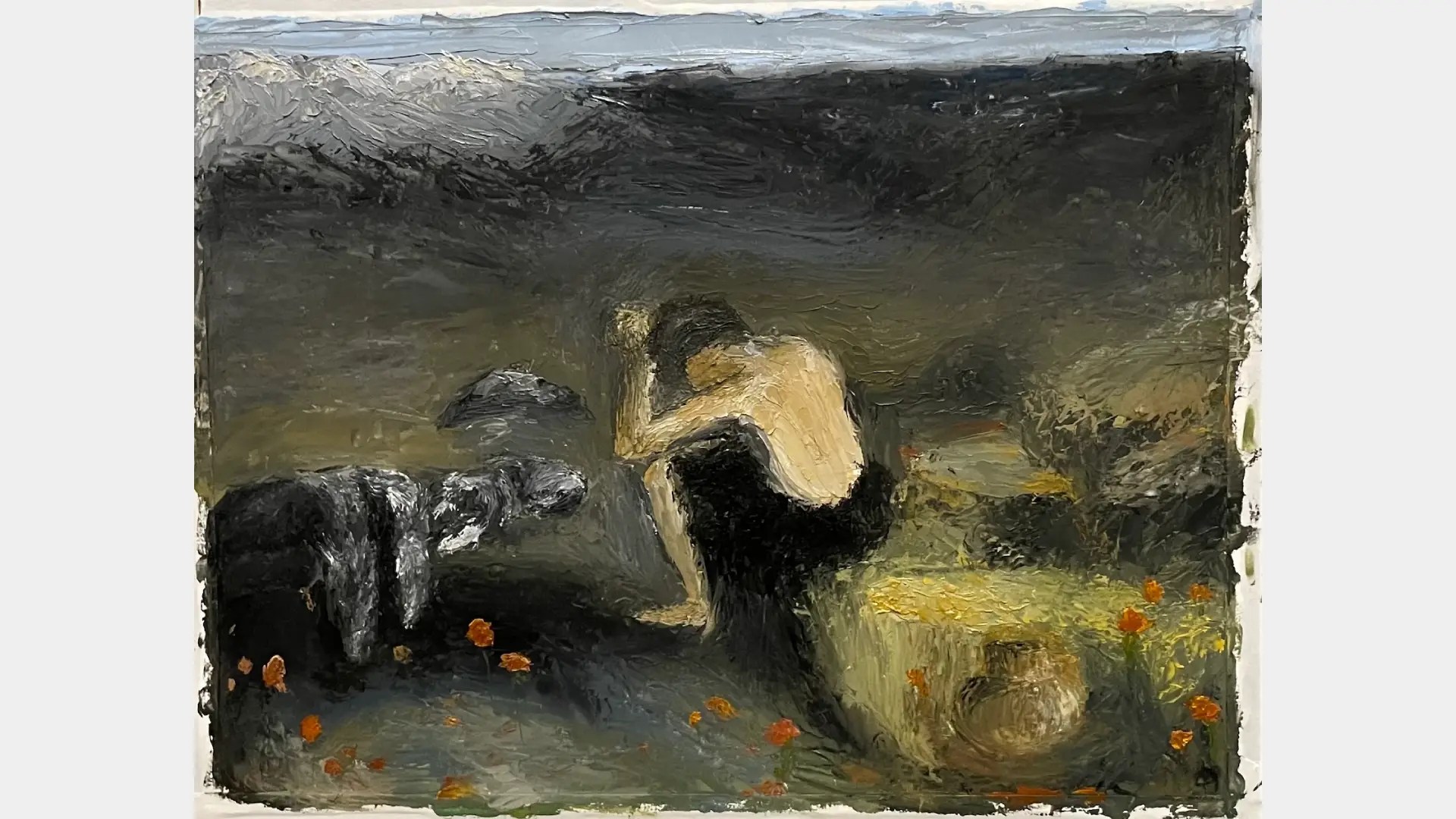 A painting of a man kneeling on a rock
