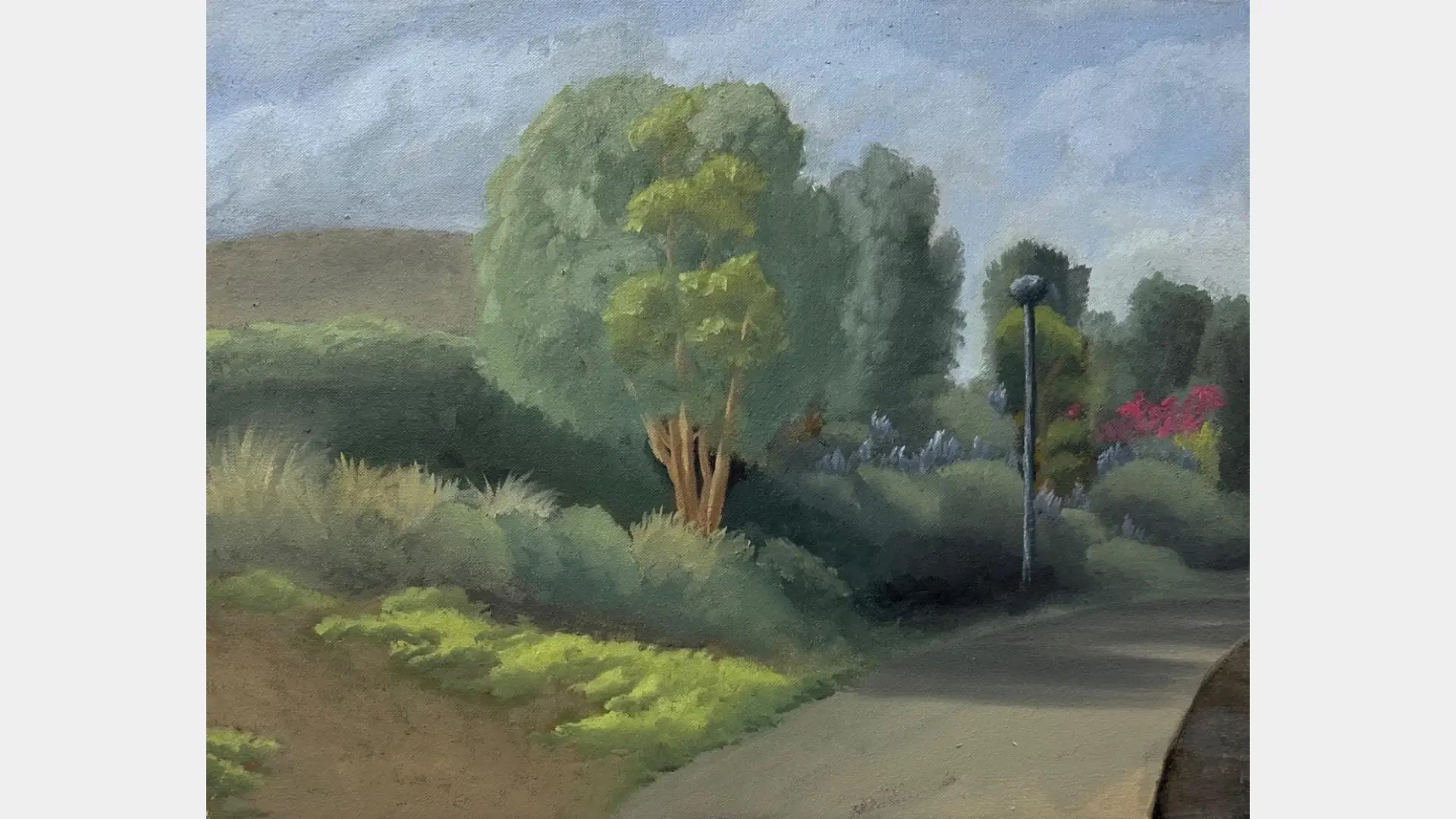 A painting of a road with trees and bushes
