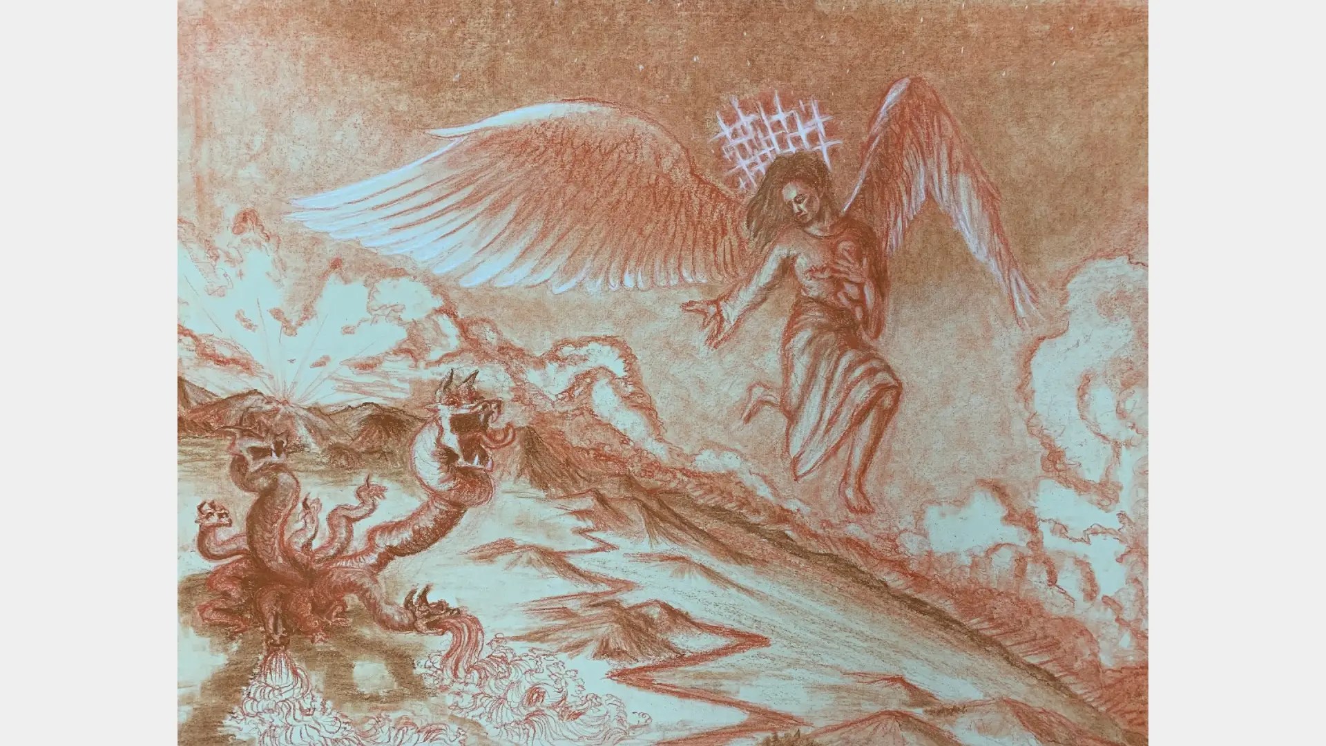 A drawing of an angel and a dragon