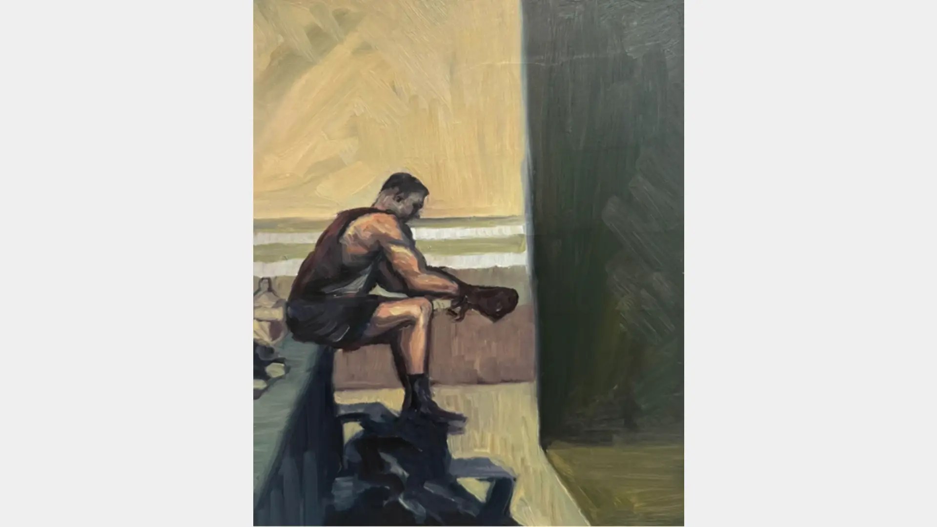 A painting of a man sitting on a ledge