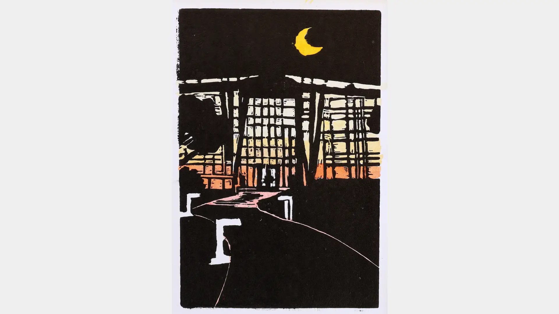 A woodcut of a building at night