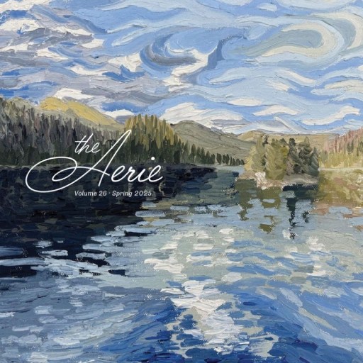 A painting of a lake and mountains