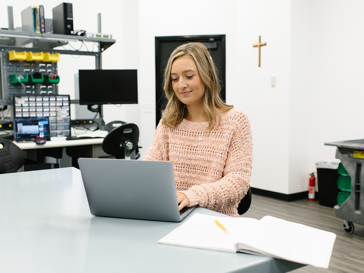 A woman sitting at a desk using a laptop