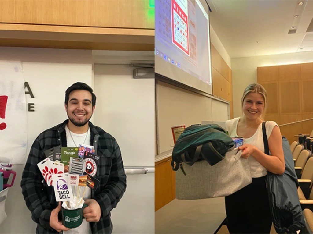 A collage of a man and a woman holding a bag