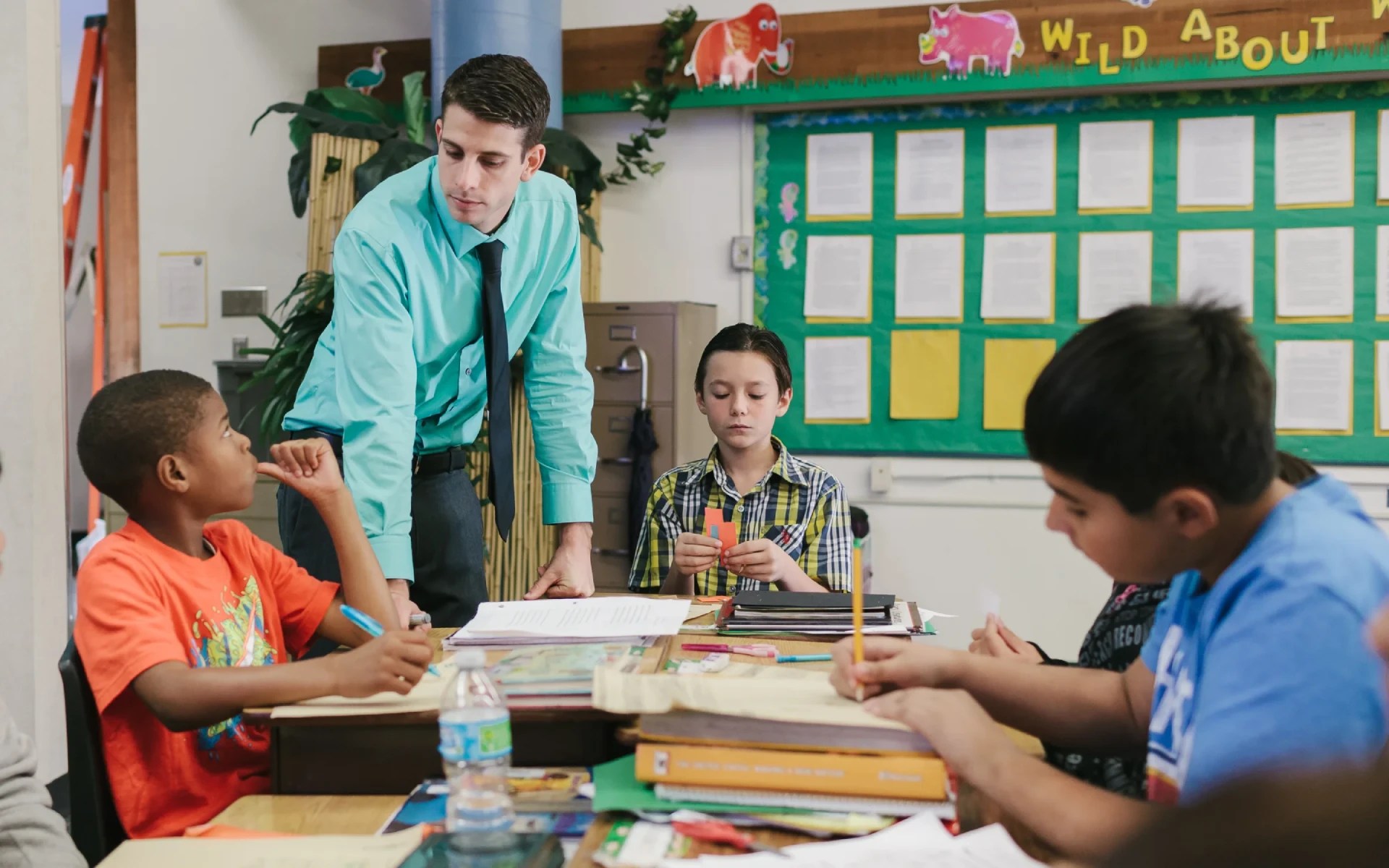 Concordia University Irvine liberal studies student teaching in an elementary classroom, engaging with young students during a lesson