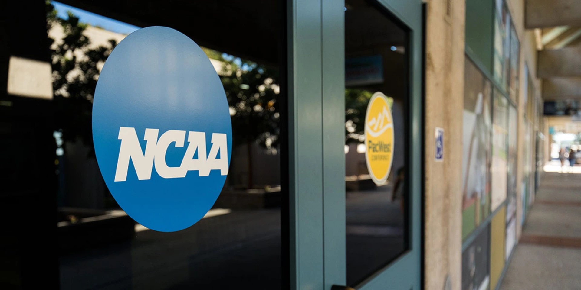 NCAA sticker on Breezeway window