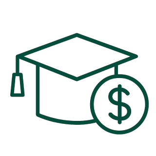 A green outline of a graduation cap with a dollar sign