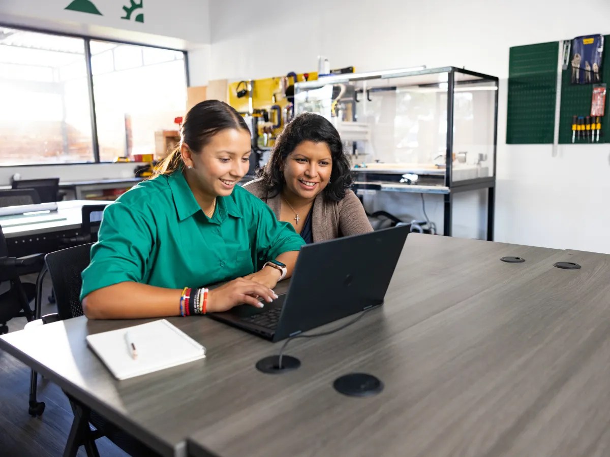 A woman looking at a laptop