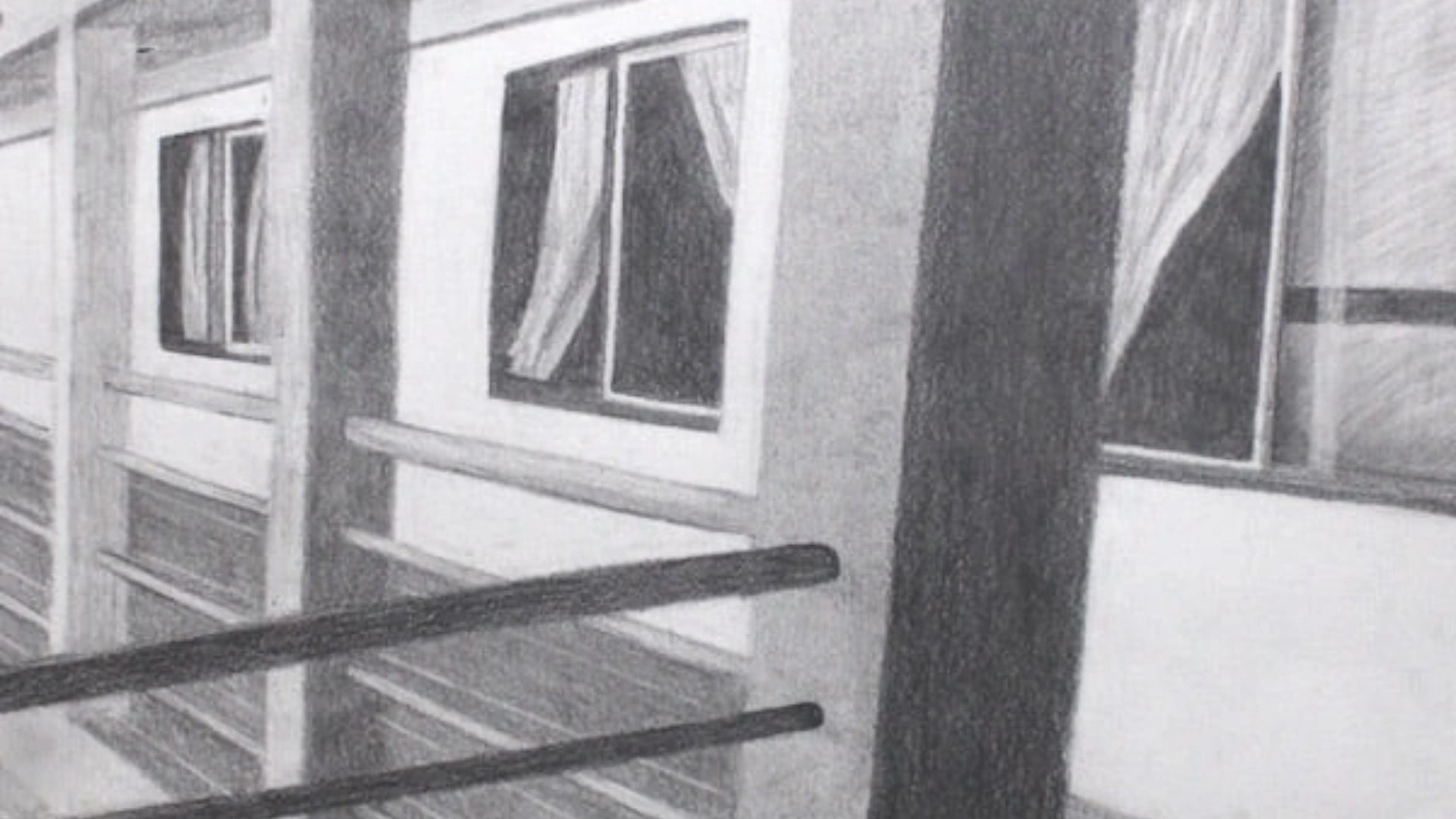 A drawing of a window and a curtain