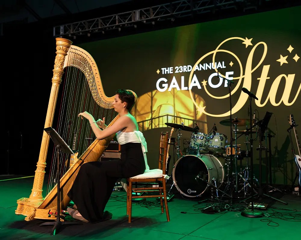 A woman playing a harp on a stage