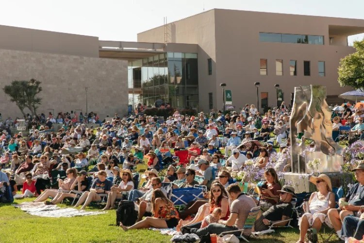 A large group of people sitting on lawn chairs outside a building