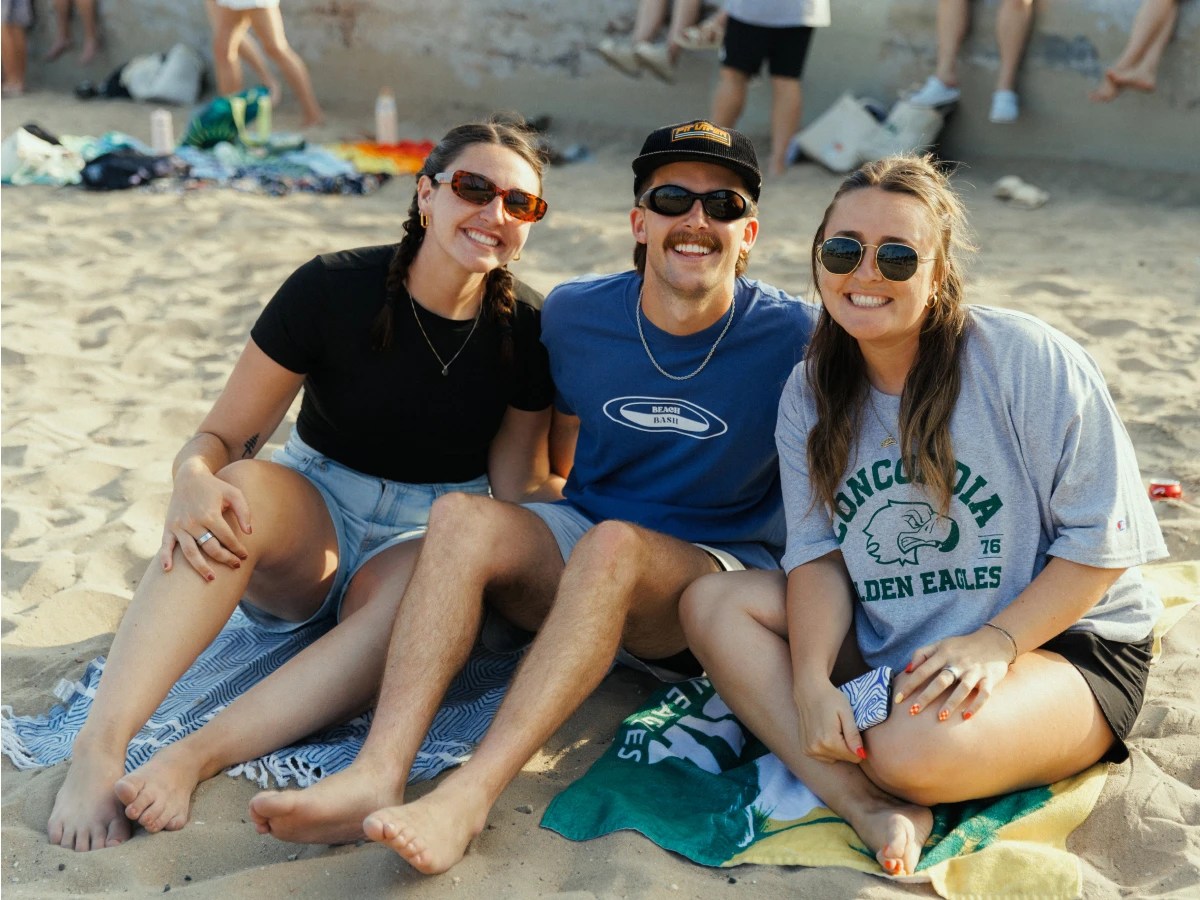 A group of people sitting on a beach