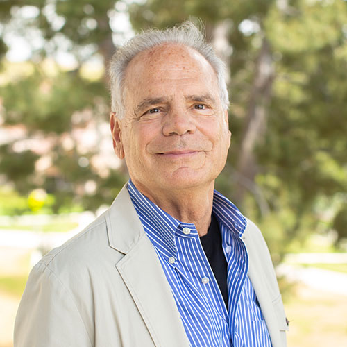 A man in a blue striped shirt