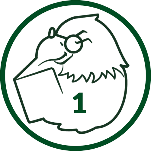 A logo of a bird with a book