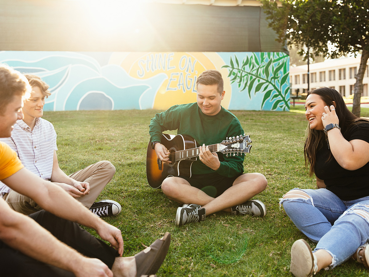 A group of people sitting on grass playing guitar