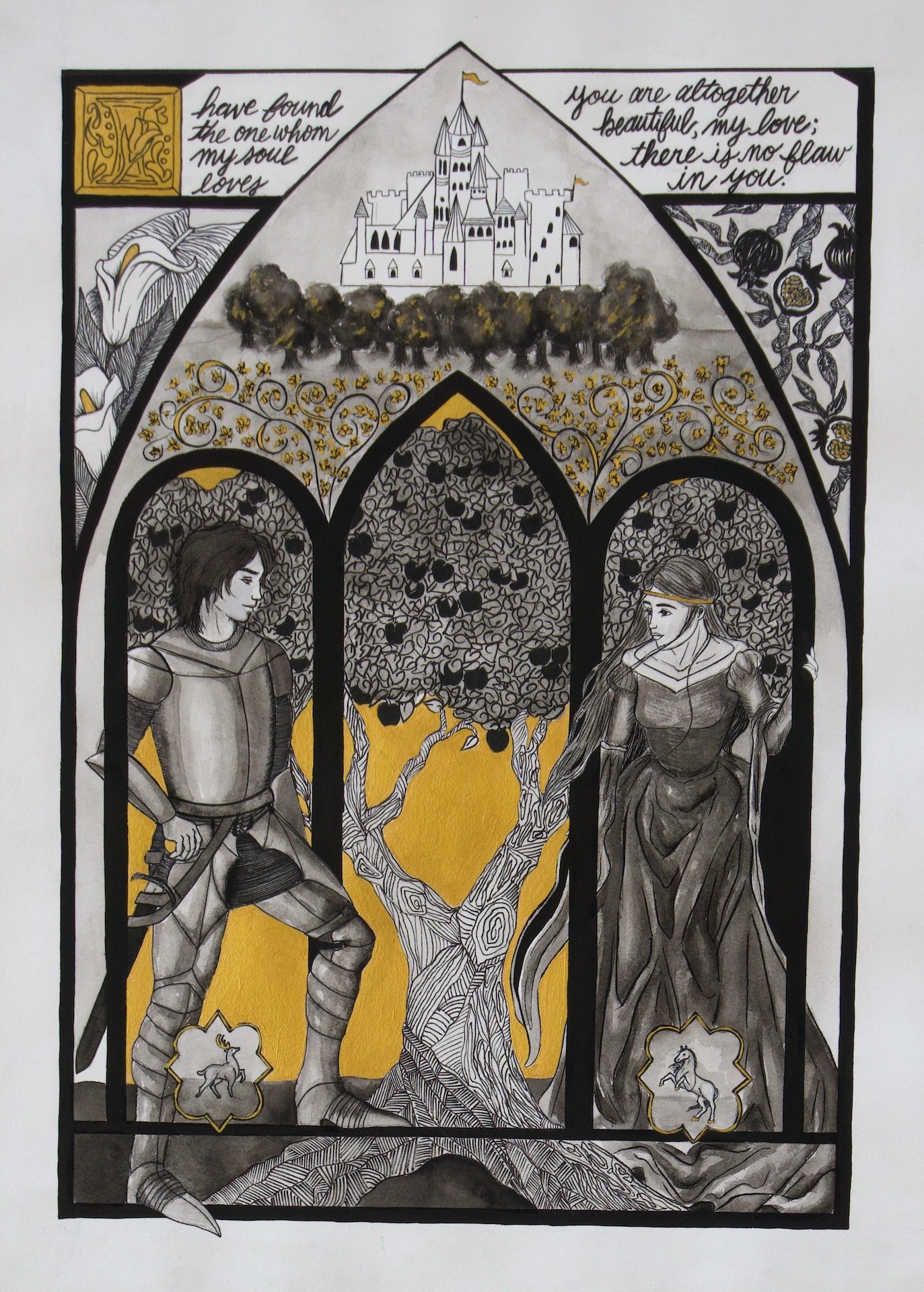 A drawing of a man and a woman in armor