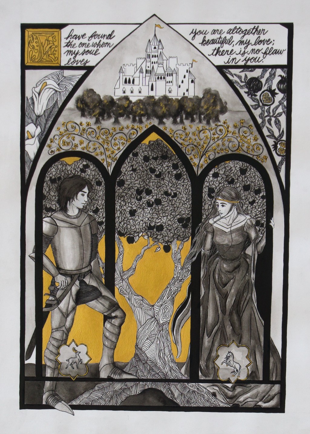 A drawing of a man and a woman in armor