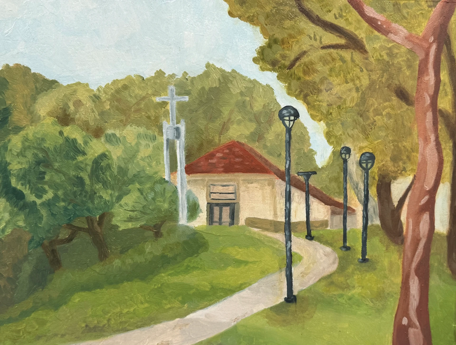 A painting of a church and trees