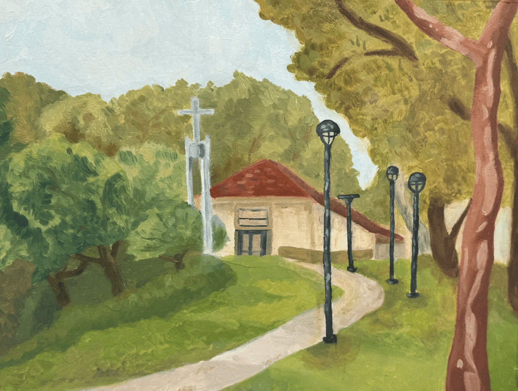 A painting of a church and trees