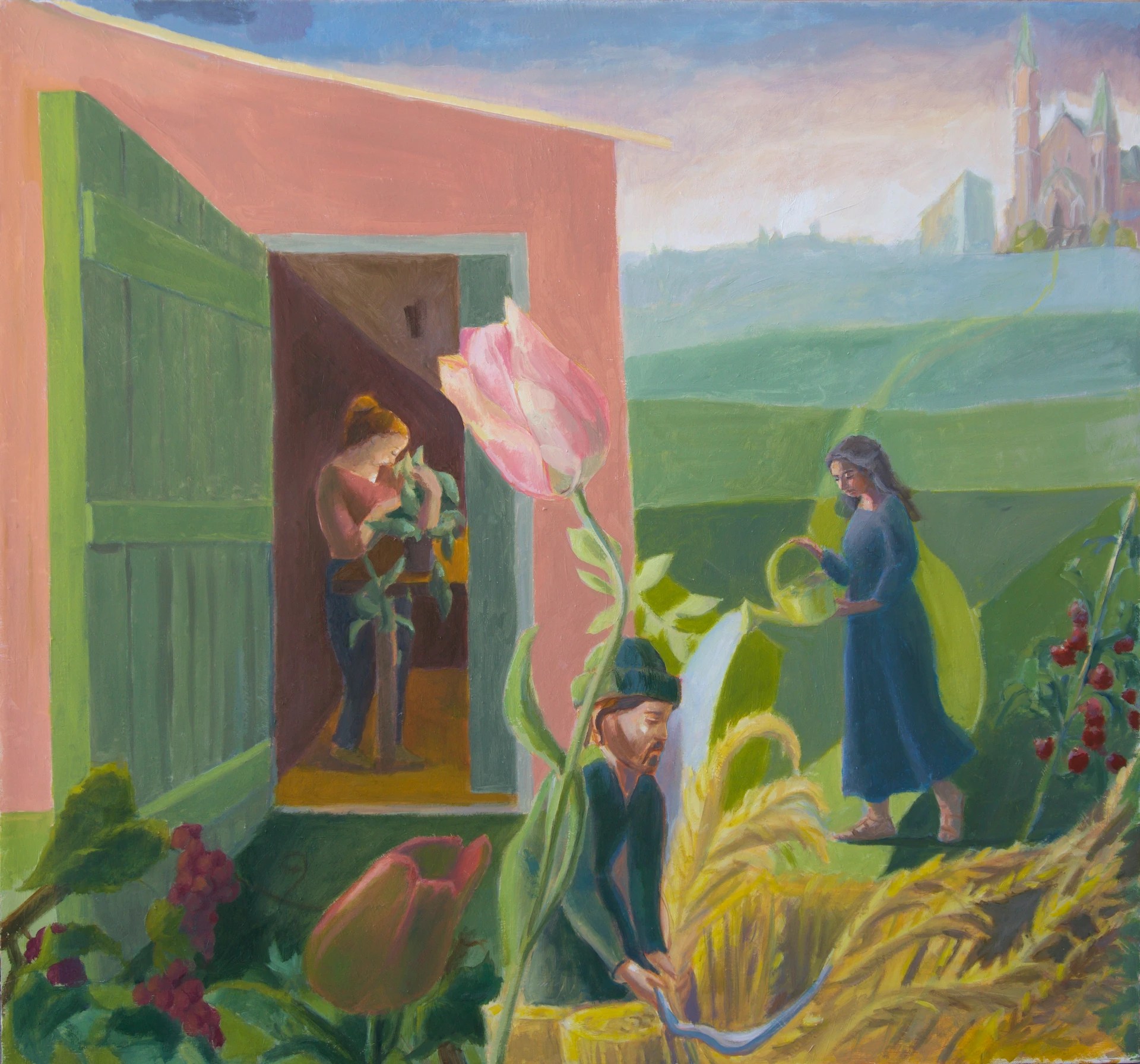 A painting of people in a farm