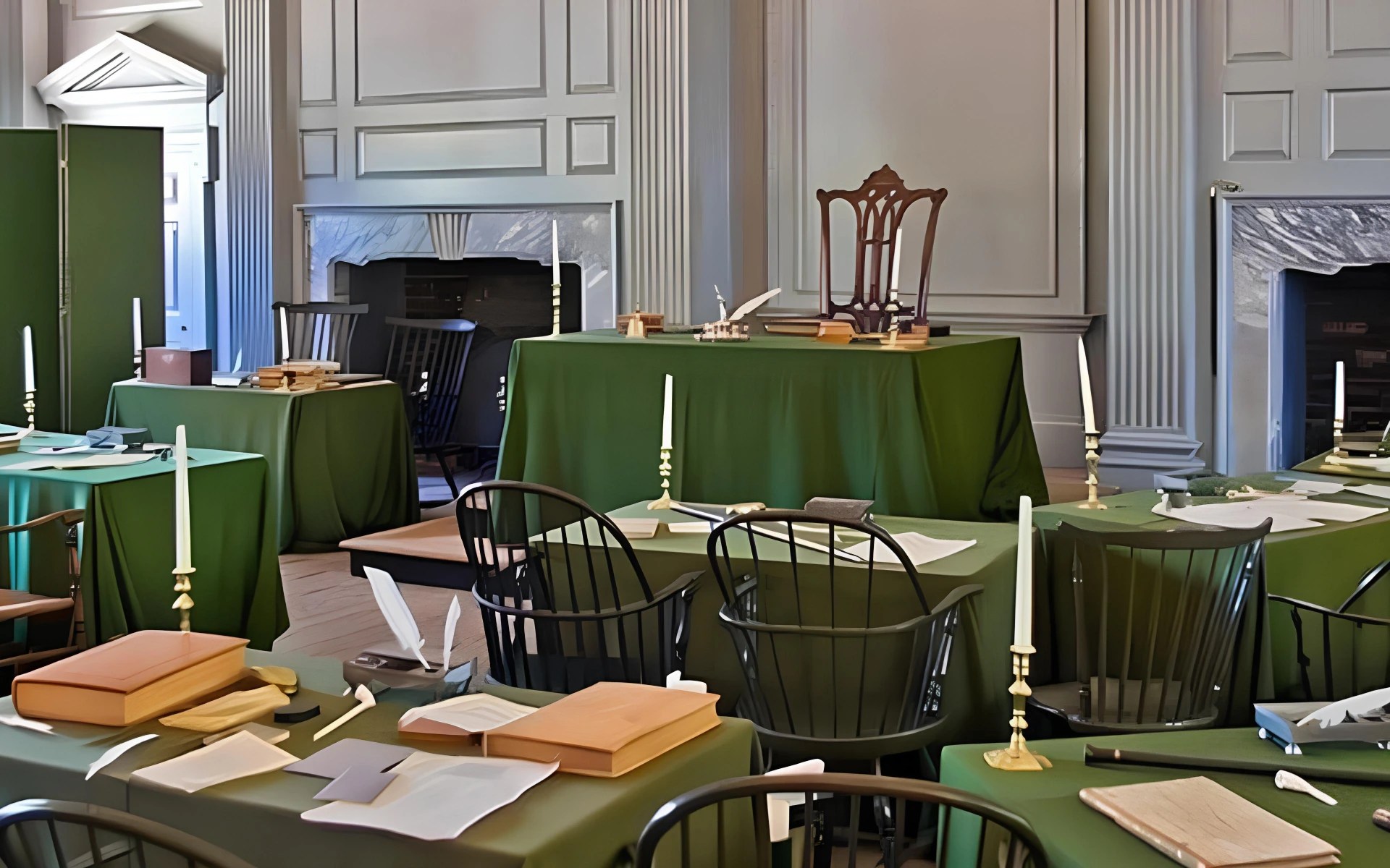 A room with green tablecloths and chairs with Independence Hall in the background